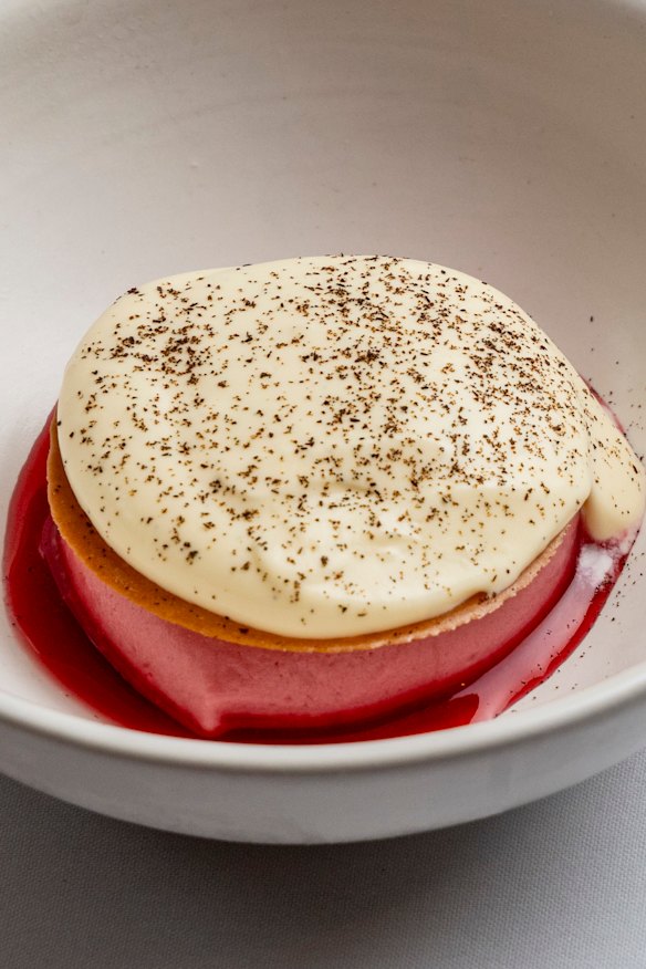 Rhubarb sherbet, burnt vanilla and white chocolate.