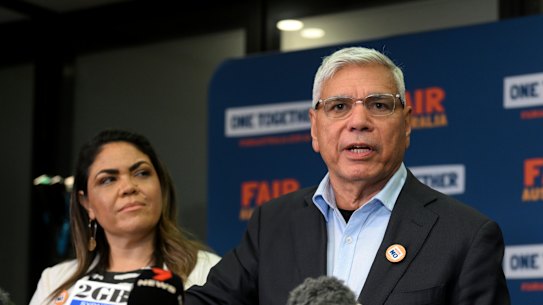 Leading No campaigner Warren Mundine, pictured with Liberal senator Jacinta Nampijinpa Price.
