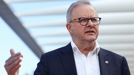Prime Minister Anthony Albanese during a press conference at Apple Park Visitor Center in Cupertino, California.