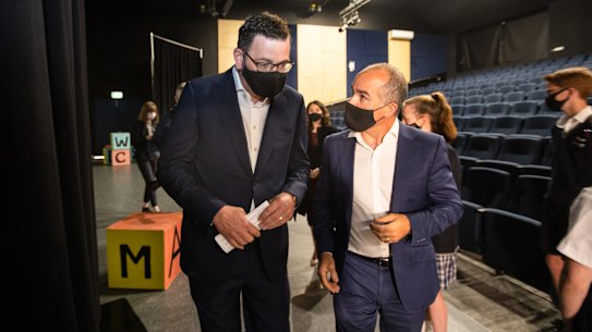 Premier Daniel Andrews speaks with Education Minister James Merlino at Thornbury High School.