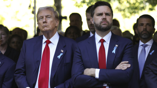 Republican presidential nominee, former president Donald Trump and vice presidential nominee Senator J.D. Vance attend the 9/11 Memorial ceremony in New York.