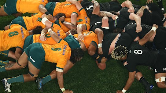 The Wallabies and All Blacks doing battle in Melbourne in 2022.