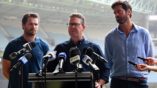 (L-R) AFLPA president Patrick Dangerfield, AFLPA CEO Paul Marsh and AFL CEO Gillon McLachlan. The players voted to accept the proposed 17-game season, but 