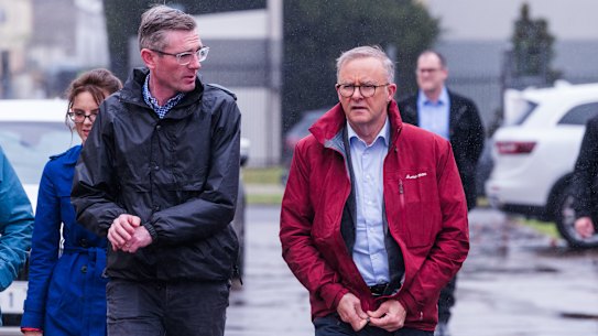 Anthony Albanese, with NSW Premier Dominic Perrottet, surveying Sydney’s floods.