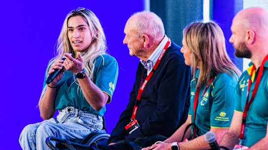 Madison de Rozario (left) with Gerry Harvey and fellow Paralympians Katie Kelly and Chris Bond at a panel discission hosted by Nine. 