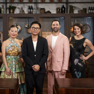 Luke Nguyen (centre) is in the MasterChef house (along with Jean-Christophe, Poh, Andy and Sofia).