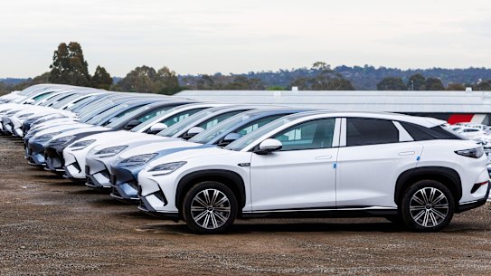 Recently imported electric vehicles parked in a storage yard in Kilsyth in Melbourne’s east.