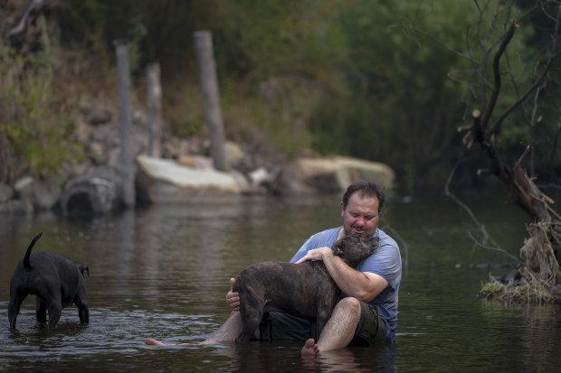 Aaron Hampton from Cudgewa with his dogs Mishka and Dobbie cools down in the river next to the Nariel Creek Folk Festival camp site. 