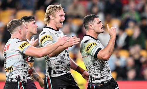 Nathan Cleary celebrates a try.