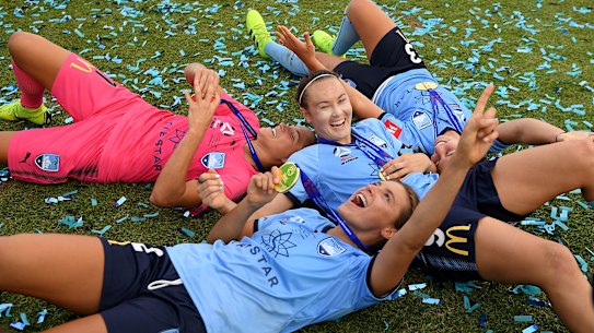 Ecstatic: Aubrey Bledsoe, Sofia Huerta, Caitlin Foord and Danielle Colaprico of Sydney FC celebrate.