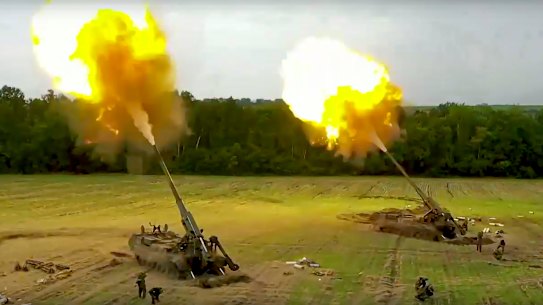 Russian Malka artillery systems fire from an undisclosed location in Ukraine.