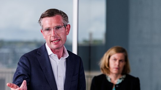 Premier Dominic Perrottet with chief health officer Kerry Chant onj Wednesday. 