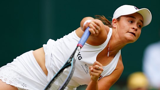 Ash Barty serves in her Ladies’ Singles Semi-Final match against Angelique Kerber of Germany.
