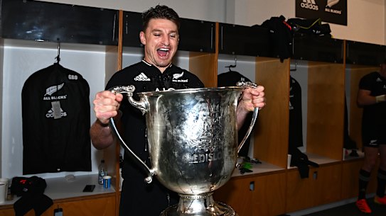 Now it’s over . . . Beauden Barrett gets his hands on the Bledisoe Cup.