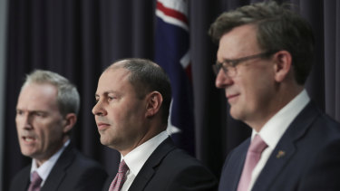 Treasurer Josh Frydenberg with Population Minister Alan Tudge and Immigration Minister David Coleman following a meeting of the nation's treasurers on Friday.