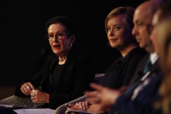 Sydney lord mayor Clover Moore, left, and Labor’s mayoral candidate, Linda Scott, at the debate.