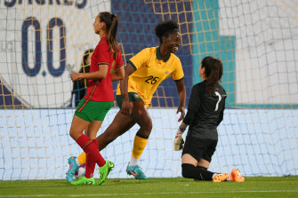 Princess Ibini scores her first goal for the Matildas.