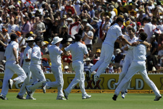 Jimmy Anderson and his England teammates celebrated hard after he dismissed Ricky Ponting in Adelaide in 2010.