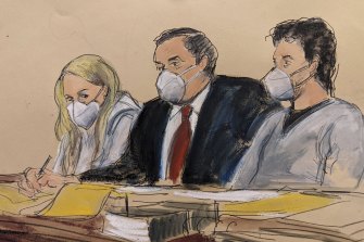 In this courtroom sketch, attorney Sam Enzer, centre, sits between Heather Morgan, left, and her husband, Ilya “Dutch” Lichtenstein, in federal court in New York.