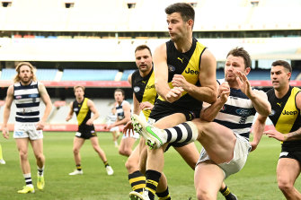 Richmondâs Trent Cotchin in the thick of things.