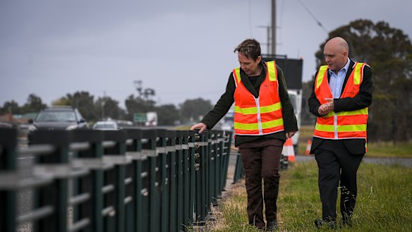 Roads Minister Jaala Pulford and Regional Roads Victoria safety director Scott Lawrence in Kalkallo to announce a rollout of road safety upgrades across Victoria.