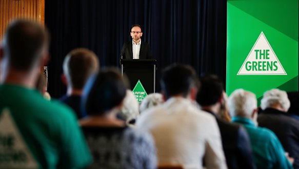 Greens MP Adam Bandt addresses the Australian Greens National Conference at Ainslie School in Canberra.