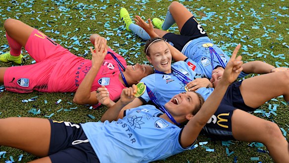 Ecstatic: Aubrey Bledsoe, Sofia Huerta, Caitlin Foord and Danielle Colaprico of Sydney FC celebrate.