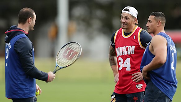Serve it up ... Boyd Cordner with star recruit SBW and Sio Siua Tauekiaho.
