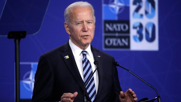 Us President Joe Biden speaks during a media conference during a NATO summit in Brussels.