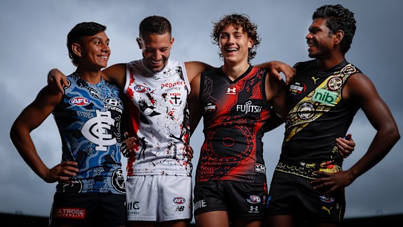 The new generation: Carlton’s Jesse Motlop, St Kilda’s Ben Long, Essendon’s Tex Wanganeen, and Richmond’s Maurice Rioli jnr ahead of Sir Doug Nicholls round.