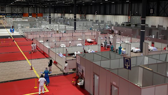 A temporary hospital set up at an exhibition centre in Madrid, Spain.