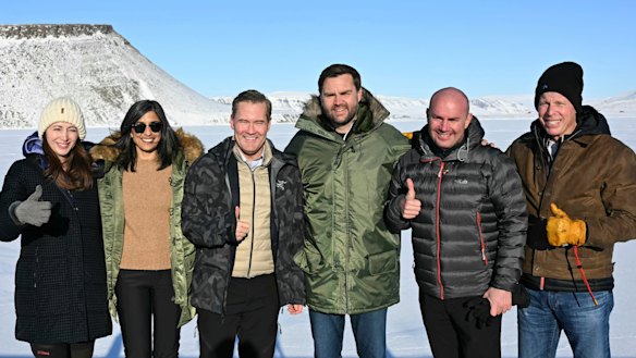 JD Vance, centre, with second lady Usha Vance, White House national security adviser Mike Waltz, his wife and former homeland security adviser, Julia Nesheiwat, left, and Secretary of Energy Chris Wright, right, as they tour the US military’s Pituffik Space Base in Greenland.