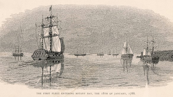 The First Fleet enters Botany Bay in 1788.