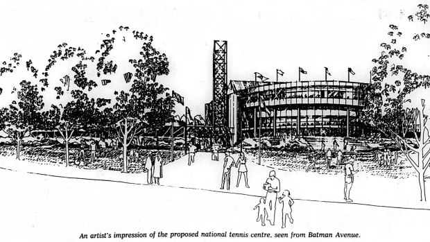 An artists impression of the National Tennis Centre published in The Age on June 27, 1985.