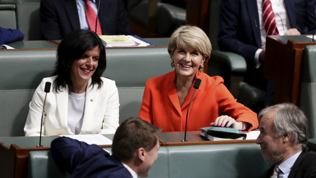 Liberal MPs Julia Banks and Julie Bishop in the House of Representatives on  Monday.
