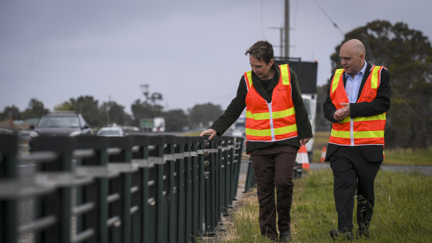 Roads Minister Jaala Pulford and Regional Roads Victoria safety director Scott Lawrence in Kalkallo to announce a rollout of road safety upgrades across Victoria.