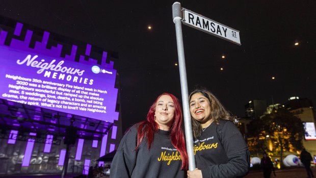 Neighbours fans (L-R) Josephine Crawford with Riya Patel at Federation Square watching the final episode of Neighbours.