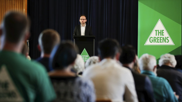 Greens MP Adam Bandt addresses the Australian Greens National Conference at Ainslie School in Canberra.