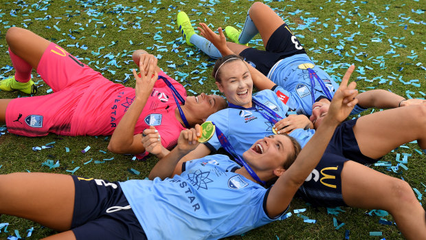 Ecstatic: Aubrey Bledsoe, Sofia Huerta, Caitlin Foord and Danielle Colaprico of Sydney FC celebrate.