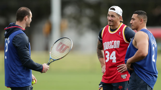 Serve it up ... Boyd Cordner with star recruit SBW and Sio Siua Tauekiaho.
