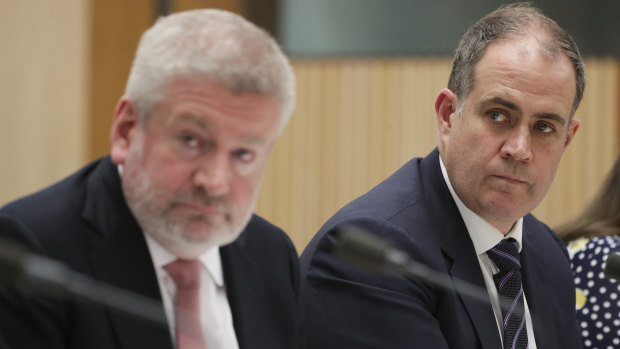 Funding wars: Communications Minister Mitch Fifield and acting ABC managing director David Anderson.