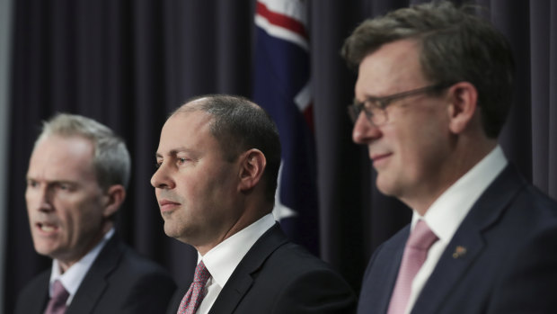 Treasurer Josh Frydenberg with Population Minister Alan Tudge and Immigration Minister David Coleman following a meeting of the nation's treasurers on Friday.