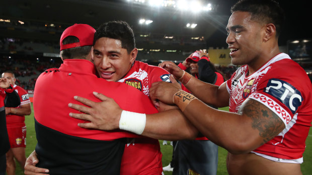 Jason Taumalolo celebrates Tonga's shock Test win over the Kangaroos last year.
