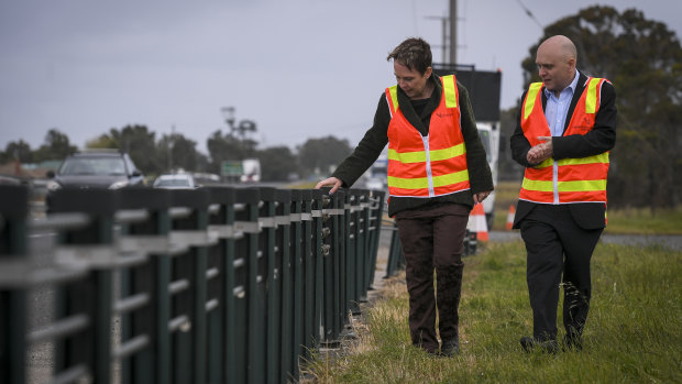 Roads Minister Jaala Pulford and Regional Roads Victoria safety director Scott Lawrence in Kalkallo to announce a roll-out of road safety upgrades across Victoria.