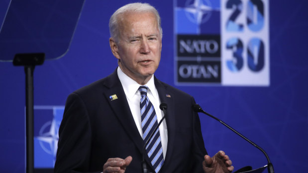 Us President Joe Biden speaks during a media conference during a NATO summit in Brussels.