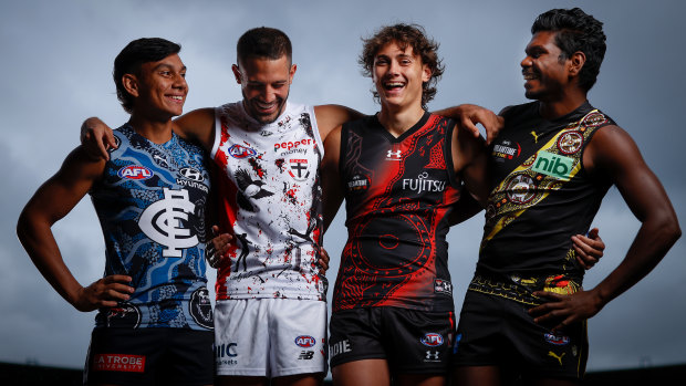 The new generation: Carlton’s Jesse Motlop, St Kilda’s Ben Long, Essendon’s Tex Wanganeen, and Richmond’s Maurice Rioli jnr ahead of Sir Doug Nicholls round.