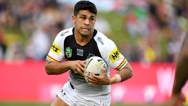 Not bad for a beginner: Penrith's new fullback Tyrone Peachey chimes into the Penrith back line on Saturday.