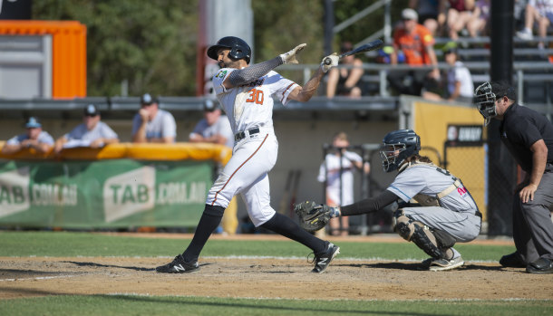 Canberra Cavalry's Michael Crouse in the bottom of the third. 