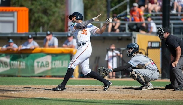 Canberra Cavalry's Michael Crouse in the bottom of the third. 