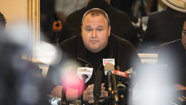 Kim Dotcom during a press conference at the Auckland Town Hall after his "Moment of Truth" public meeting in 2014..